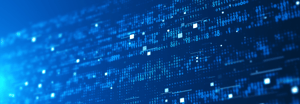 Abstract blue background with streaming binary code and glowing data points, representing digital technology and computing.